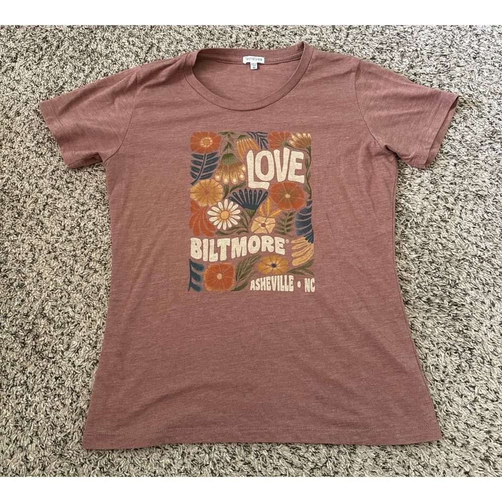Techstyles Women's "Love Biltmore Asheville NC" Floral Brown Graphic T-Shirt M